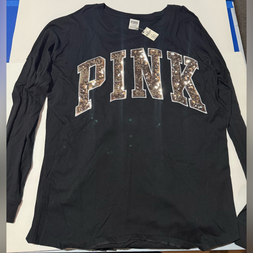 Victoria's Secret Black Long Sleeve Tee with Gold Sequin Letters